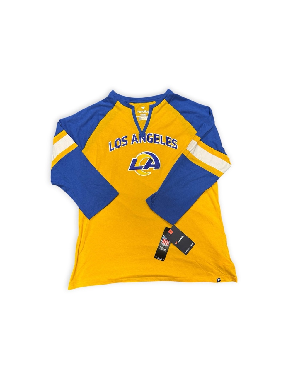 NWT Fanatics Los Angeles Rams NFL Women's XL Raglan Shirt Blue Yellow White